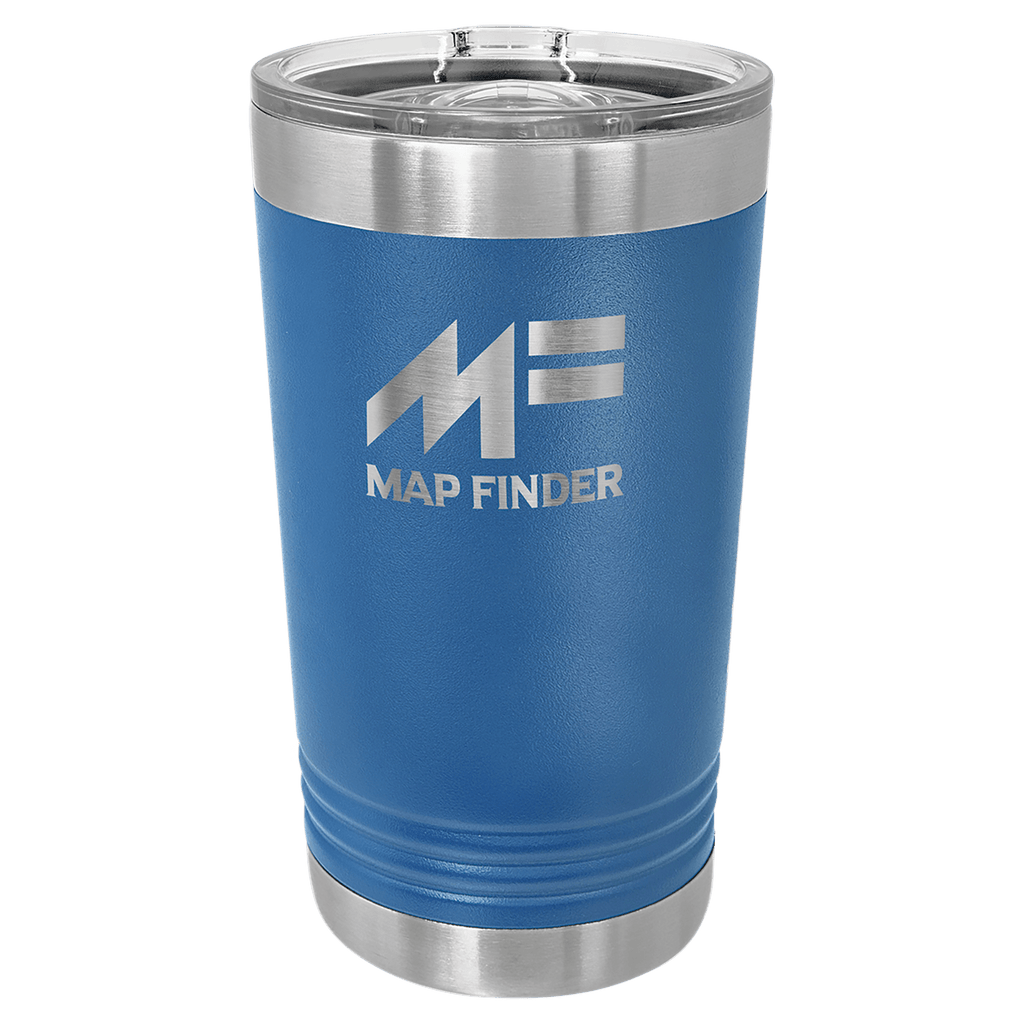 Royal blue powder-coated 16 oz. insulated pint with a stainless steel rim and base and clear slider lid, shown with a sample engraving
