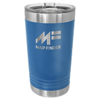 Royal blue powder-coated 16 oz. insulated pint with a stainless steel rim and base and clear slider lid, shown with a sample engraving