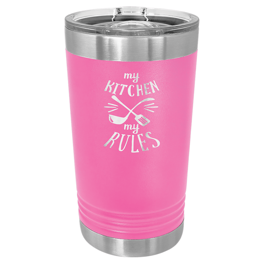 Pink powder-coated 16 oz. insulated pint with a stainless steel rim and base and clear slider lid, shown with a sample engraving