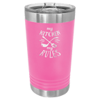 Pink powder-coated 16 oz. insulated pint with a stainless steel rim and base and clear slider lid, shown with a sample engraving