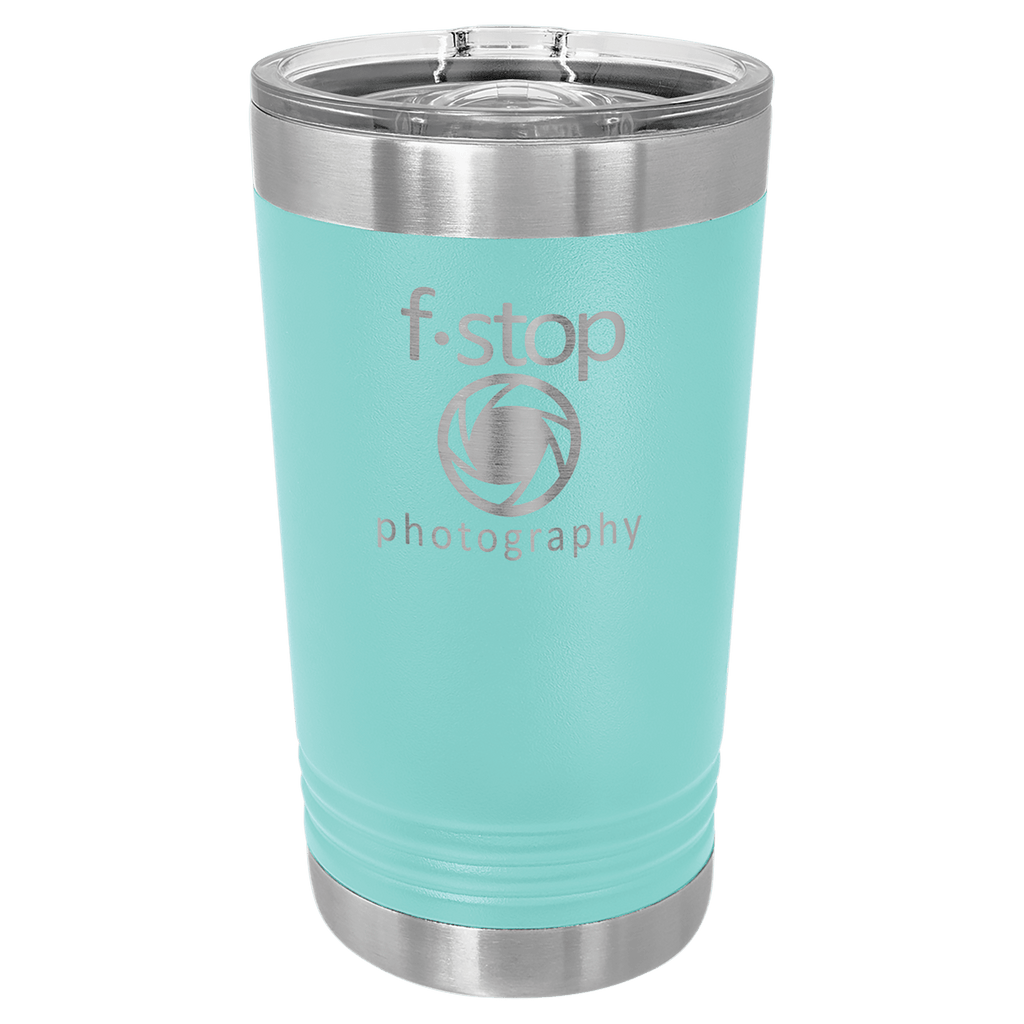 Teal powder-coated 16 oz. insulated pint with a stainless steel rim and base and clear slider lid, shown with a sample engraving