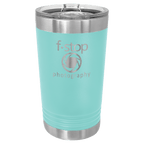 Teal powder-coated 16 oz. insulated pint with a stainless steel rim and base and clear slider lid, shown with a sample engraving