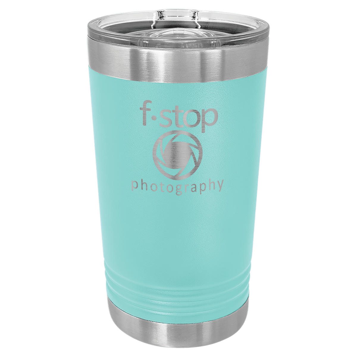 Teal powder-coated 16 oz. insulated pint with a stainless steel rim and base and clear slider lid, shown with a sample engraving
