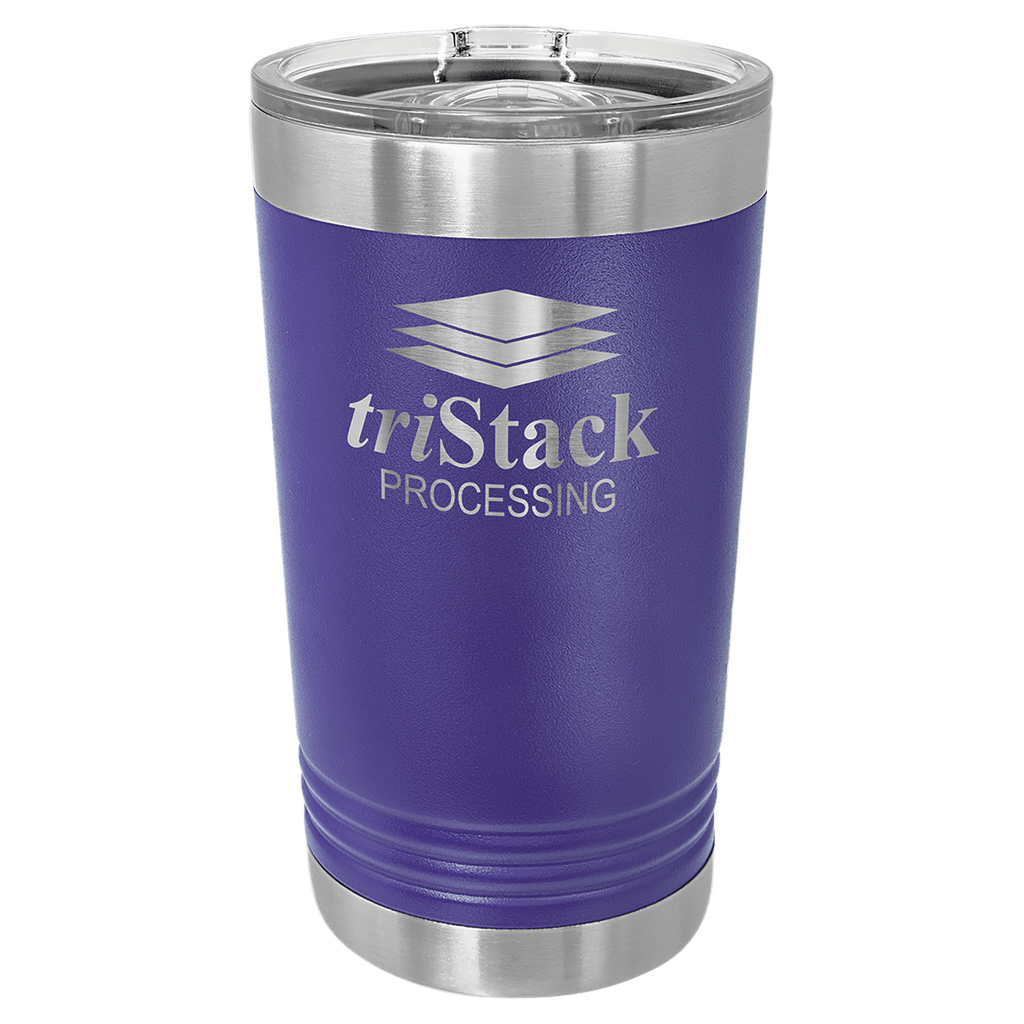 Purple powder-coated 16 oz. insulated pint with a stainless steel rim and base and clear slider lid, shown with a sample engraving