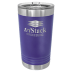 Purple powder-coated 16 oz. insulated pint with a stainless steel rim and base and clear slider lid, shown with a sample engraving