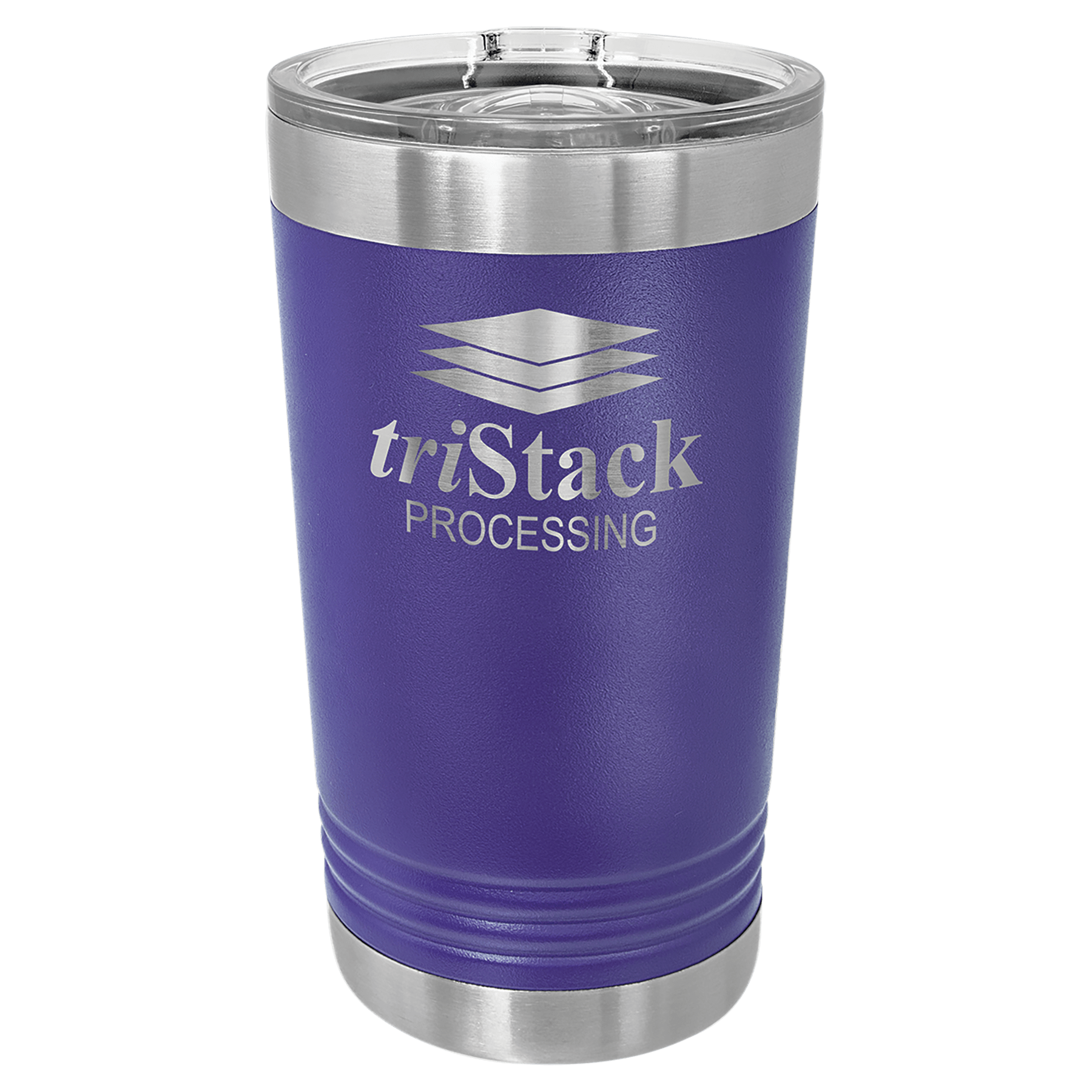 Purple powder-coated 16 oz. insulated pint with a stainless steel rim and base and clear slider lid, shown with a sample engraving