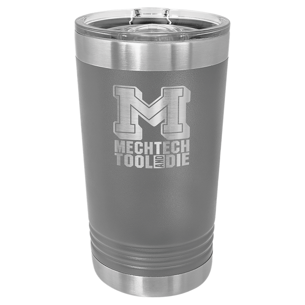 Dark gray powder-coated 16 oz. insulated pint with a stainless steel rim and base and clear slider lid, shown with a sample engraving