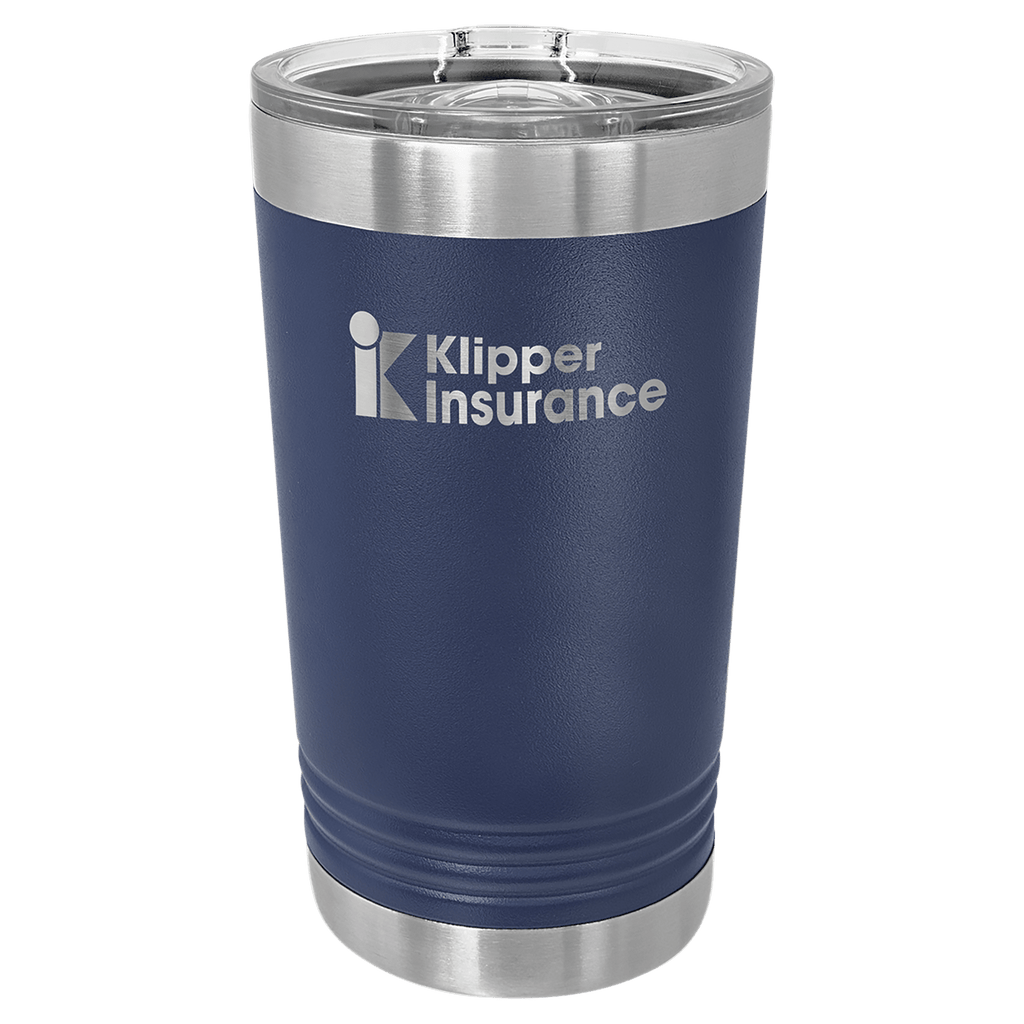 Navy blue powder-coated 16 oz. insulated pint with a stainless steel rim and base and clear slider lid, shown with a sample engraving