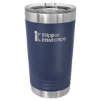 Navy blue powder-coated 16 oz. insulated pint with a stainless steel rim and base and clear slider lid, shown with a sample engraving