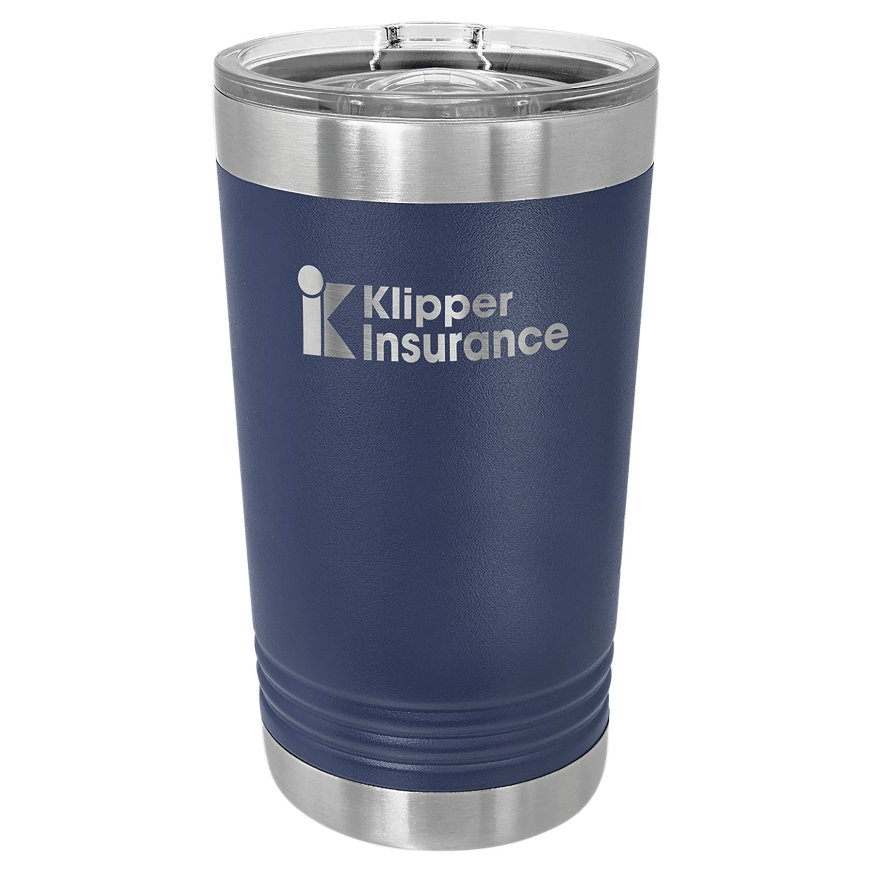 Navy blue powder-coated 16 oz. insulated pint with a stainless steel rim and base and clear slider lid, shown with a sample engraving