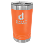 Orange powder-coated 16 oz. insulated pint with a stainless steel rim and base and clear slider lid, shown with a sample engraving