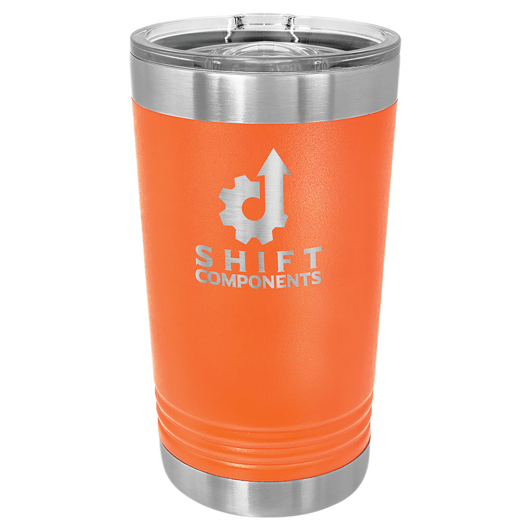 Orange powder-coated 16 oz. insulated pint with a stainless steel rim and base and clear slider lid, shown with a sample engraving