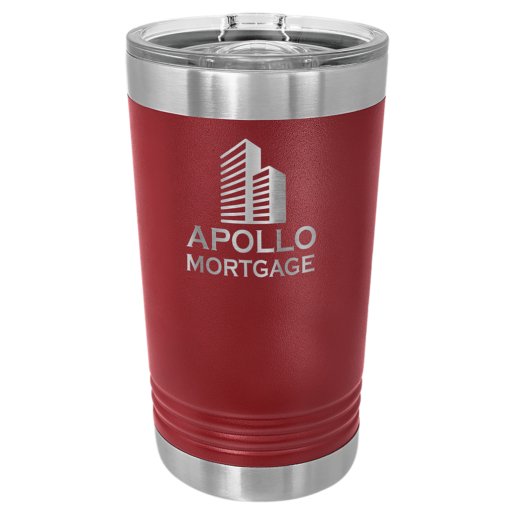 Maroon powder-coated 16 oz. insulated pint with a stainless steel rim and base and clear slider lid, shown with a sample engraving