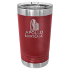 Maroon powder-coated 16 oz. insulated pint with a stainless steel rim and base and clear slider lid, shown with a sample engraving