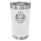 White powder-coated 16 oz. insulated pint with a stainless steel rim and base and clear slider lid, shown with a sample engraving