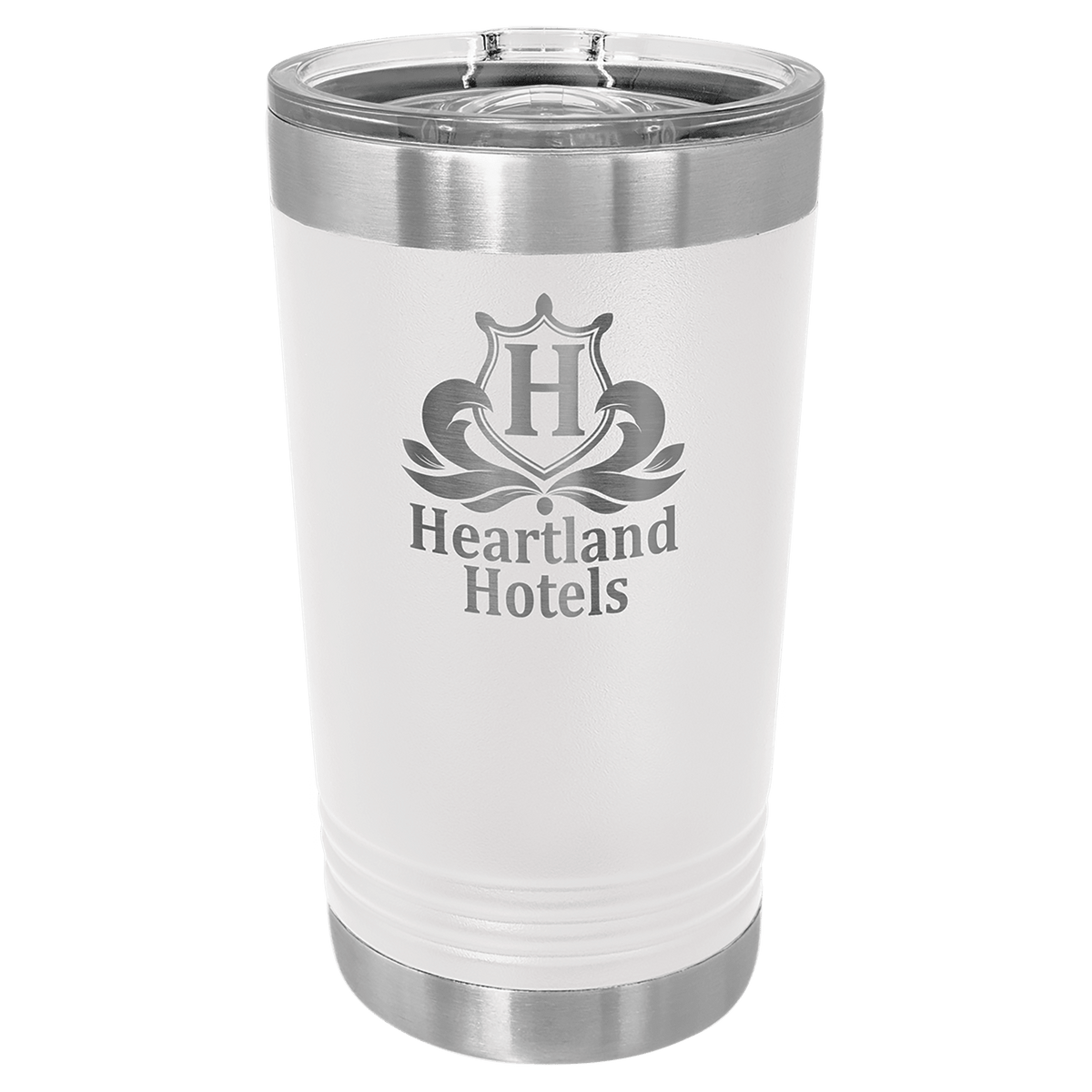 White powder-coated 16 oz. insulated pint with a stainless steel rim and base and clear slider lid, shown with a sample engraving