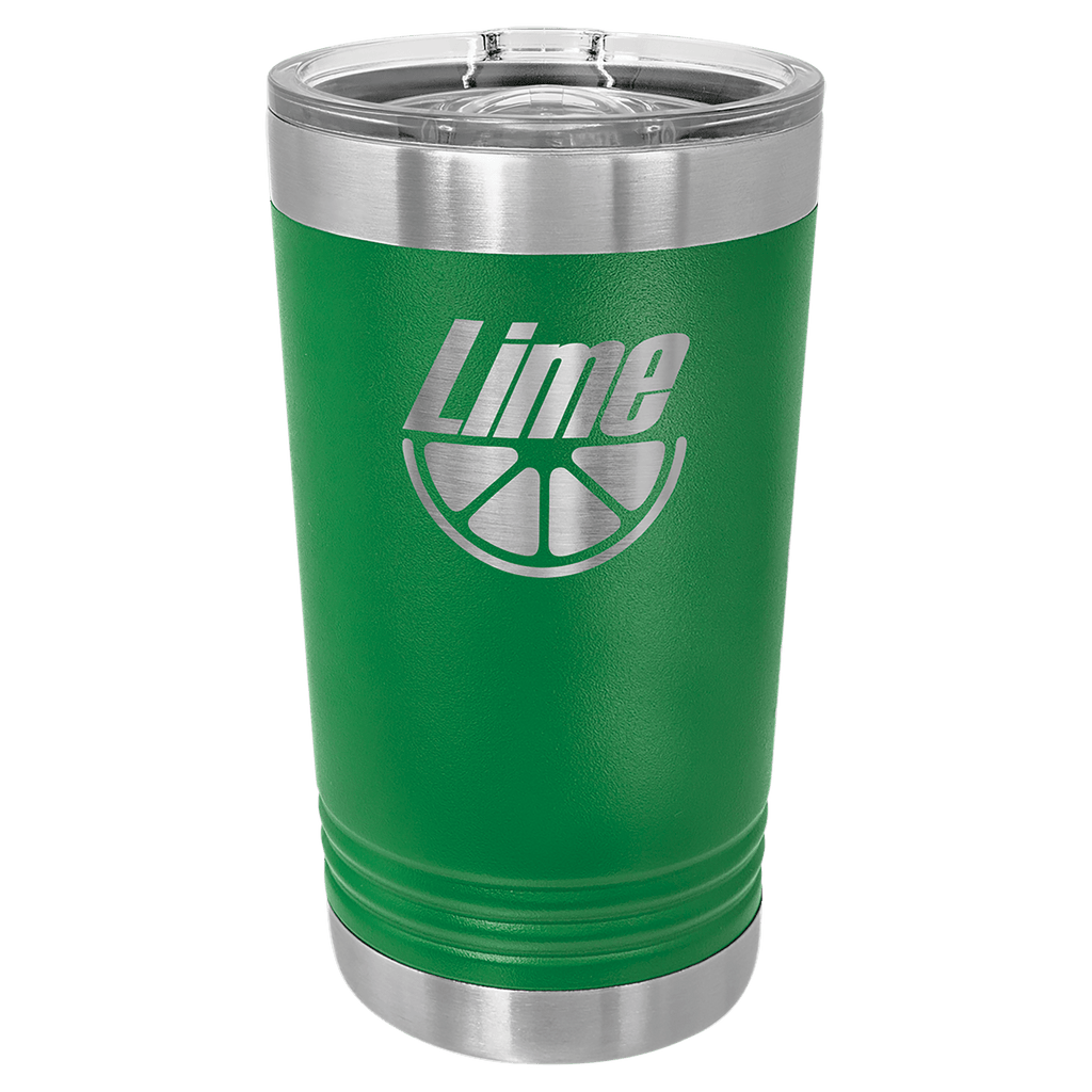 Green powder-coated 16 oz. insulated pint with a stainless steel rim and base and clear slider lid, shown with a sample engraving