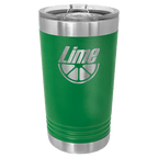Green powder-coated 16 oz. insulated pint with a stainless steel rim and base and clear slider lid, shown with a sample engraving
