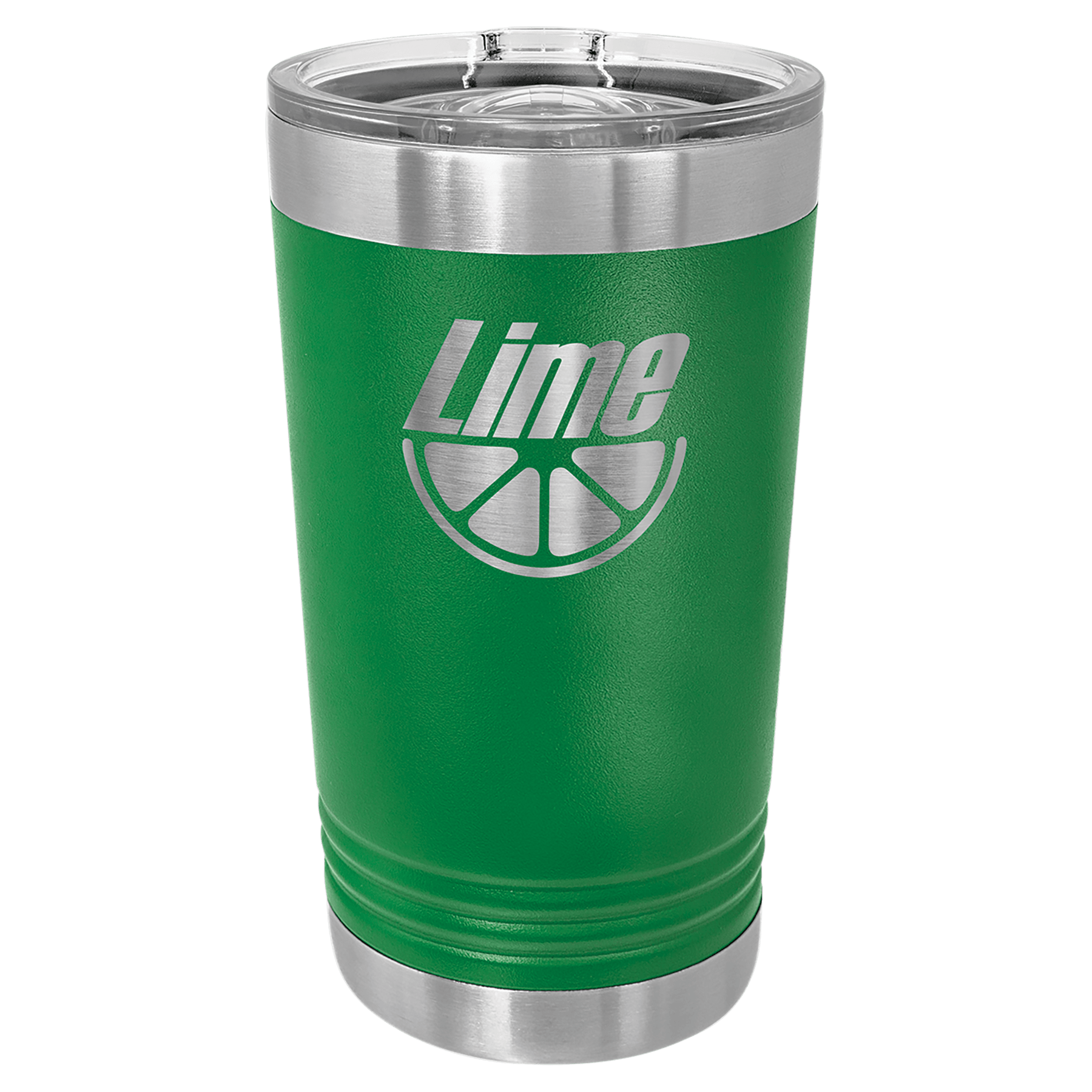 Green powder-coated 16 oz. insulated pint with a stainless steel rim and base and clear slider lid, shown with a sample engraving