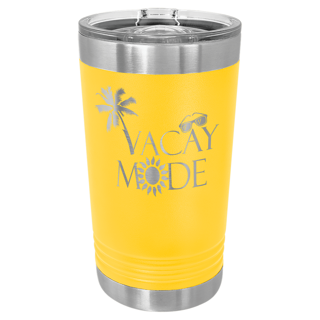 Yellow powder-coated 16 oz. insulated pint with a stainless steel rim and base and clear slider lid, shown with a sample engraving