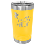 Yellow powder-coated 16 oz. insulated pint with a stainless steel rim and base and clear slider lid, shown with a sample engraving