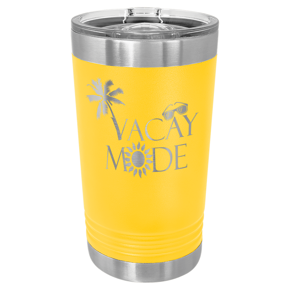 Yellow powder-coated 16 oz. insulated pint with a stainless steel rim and base and clear slider lid, shown with a sample engraving