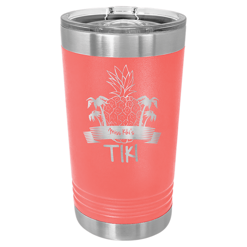 Coral powder-coated 16 oz. insulated pint with a stainless steel rim and base and clear slider lid, shown with a sample engraving