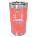 Coral powder-coated 16 oz. insulated pint with a stainless steel rim and base and clear slider lid, shown with a sample engraving