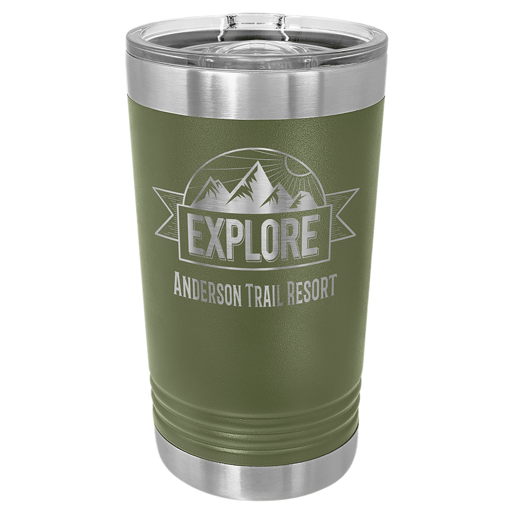 Olive green powder-coated 16 oz. insulated pint with a stainless steel rim and base and clear slider lid, shown with a sample engraving