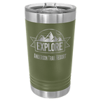 Olive green powder-coated 16 oz. insulated pint with a stainless steel rim and base and clear slider lid, shown with a sample engraving