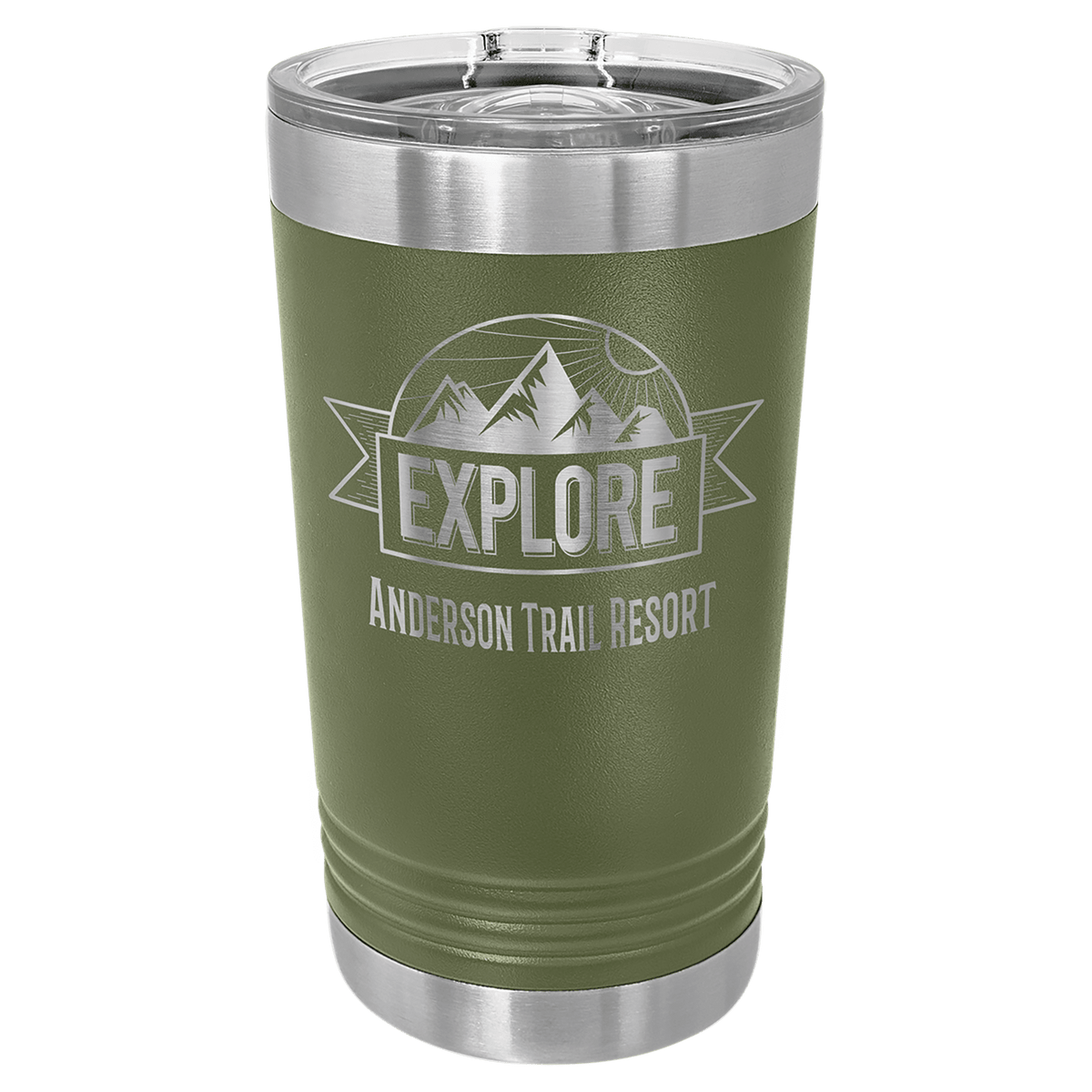 Olive green powder-coated 16 oz. insulated pint with a stainless steel rim and base and clear slider lid, shown with a sample engraving