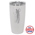 White 20 oz golf ball tumbler with full dimples and a clear slider lid