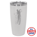 White 20 oz golf ball tumbler with full dimples and a clear slider lid