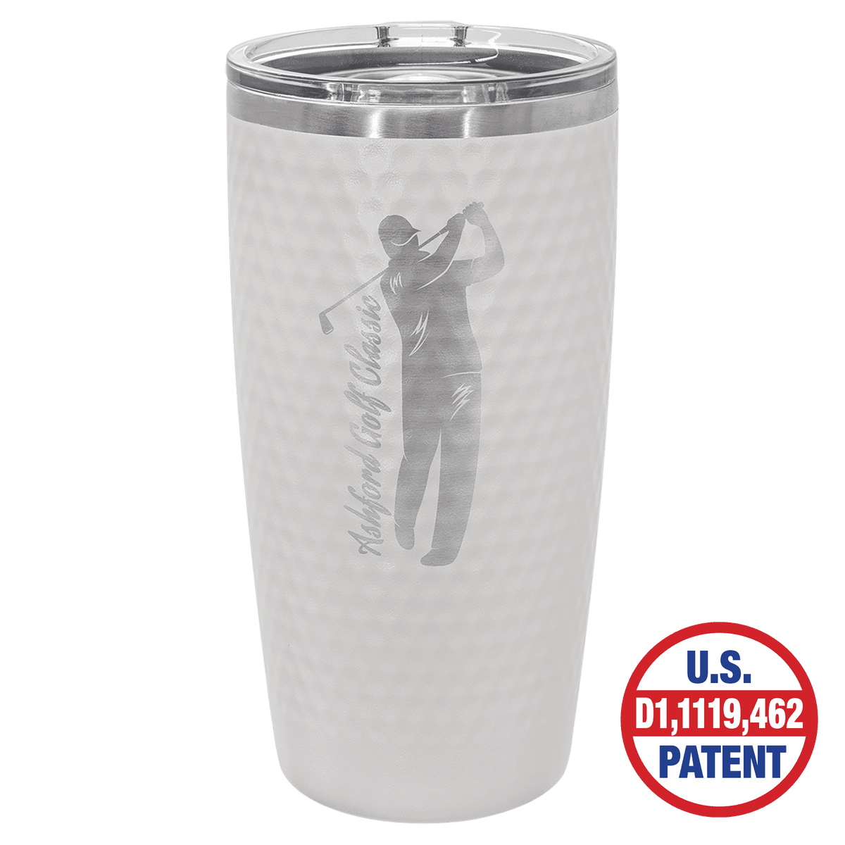 White 20 oz golf ball tumbler with full dimples and a clear slider lid
