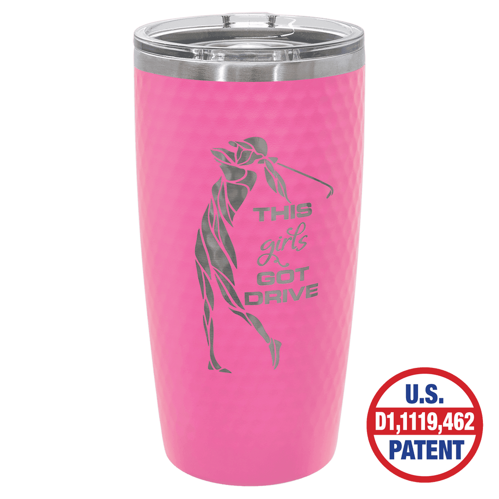 Pink 20 oz golf ball tumbler with full dimples and a clear slider lid