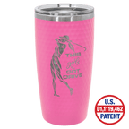 Pink 20 oz golf ball tumbler with full dimples and a clear slider lid