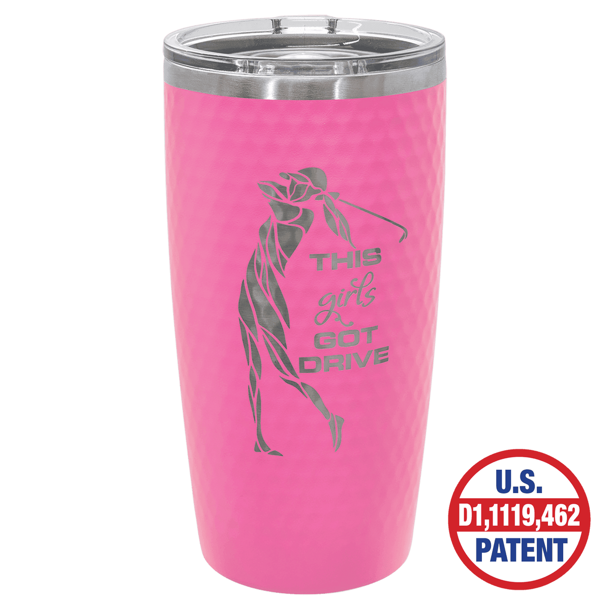 Pink 20 oz golf ball tumbler with full dimples and a clear slider lid