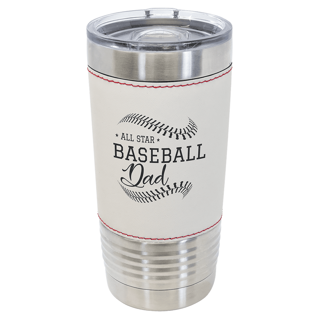 Baseball-finish 20 oz. sports tumbler, white with red stitching, stainless steel rim and clear slider lid, shown with a sample engraving