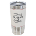 Baseball-finish 20 oz. sports tumbler, white with red stitching, stainless steel rim and clear slider lid, shown with a sample engraving