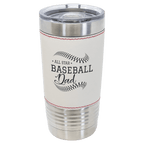 Baseball-finish 20 oz. sports tumbler, white with red stitching, stainless steel rim and clear slider lid, shown with a sample engraving