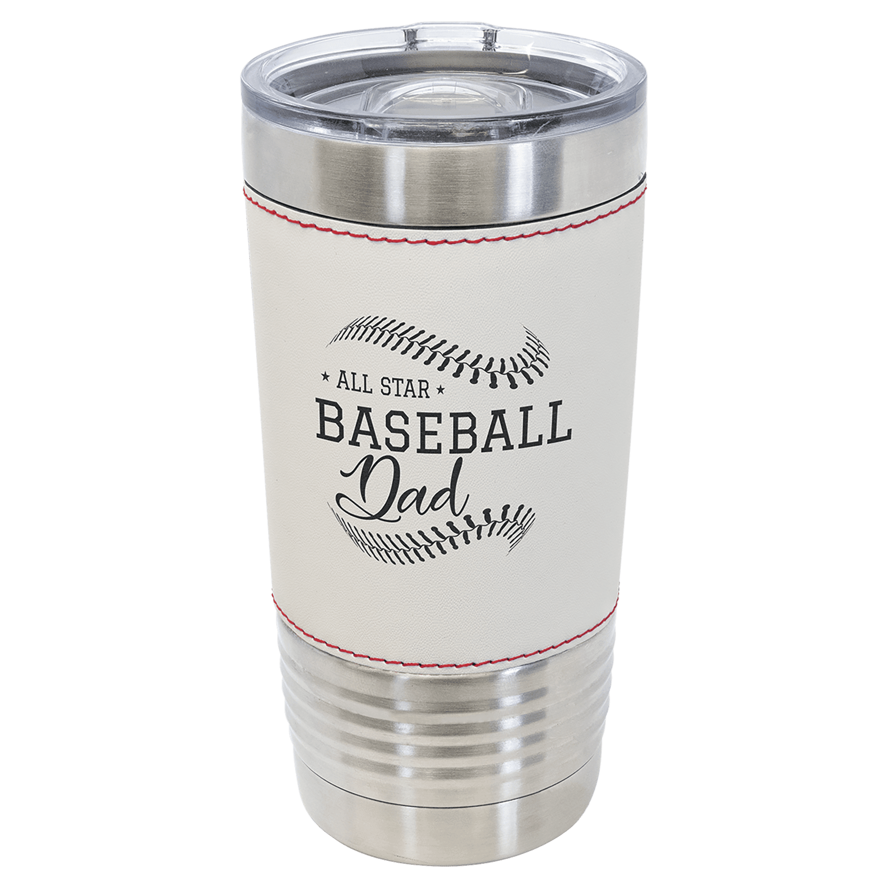 Baseball-finish 20 oz. sports tumbler, white with red stitching, stainless steel rim and clear slider lid, shown with a sample engraving