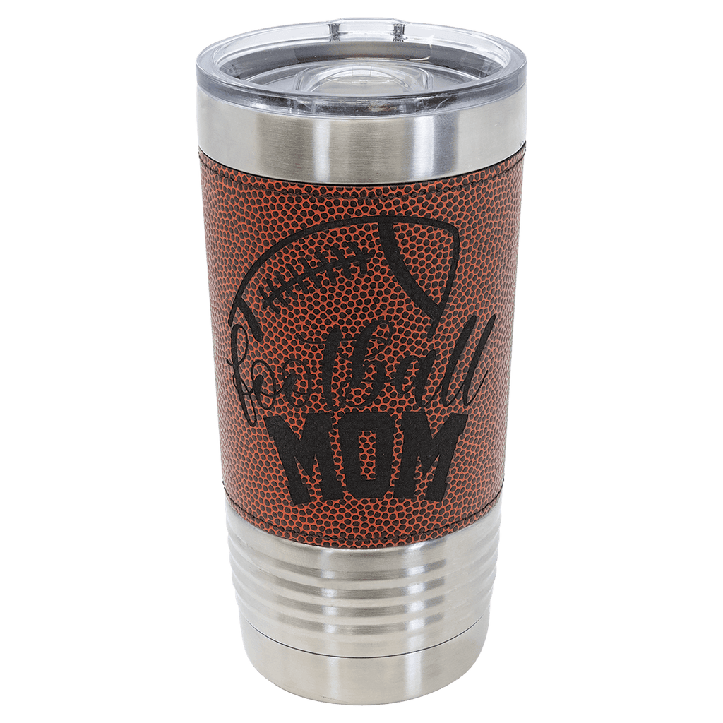 Football-finish 20 oz. sports tumbler in pebbled brown, stainless steel rim and clear slider lid, shown with a sample engraving
