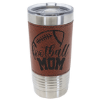 Football-finish 20 oz. sports tumbler in pebbled brown, stainless steel rim and clear slider lid, shown with a sample engraving