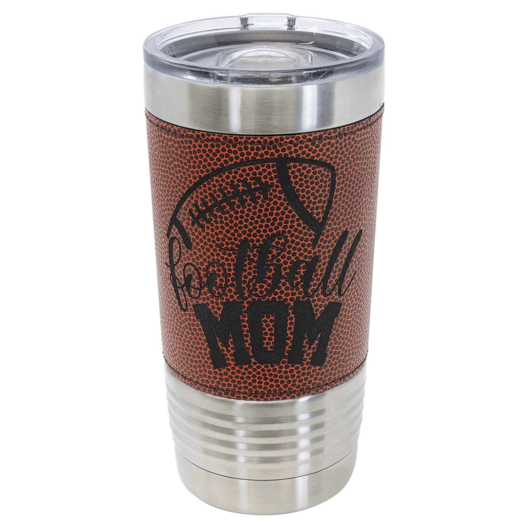 Football-finish 20 oz. sports tumbler in pebbled brown, stainless steel rim and clear slider lid, shown with a sample engraving