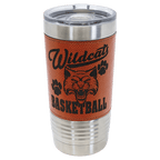 Basketball-finish 20 oz. sports tumbler in pebbled orange, stainless steel rim and clear slider lid, shown with a sample engraving