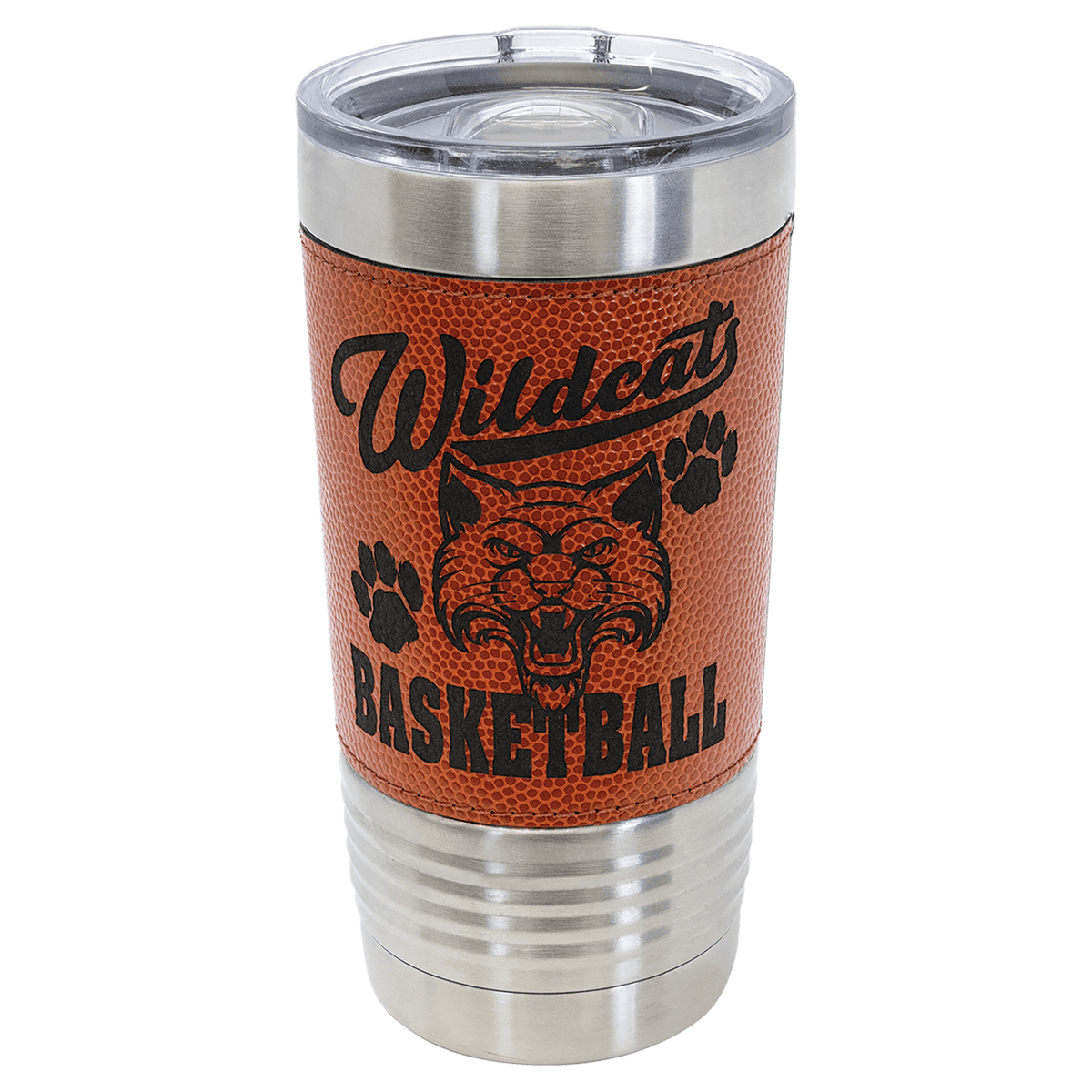 Basketball-finish 20 oz. sports tumbler in pebbled orange, stainless steel rim and clear slider lid, shown with a sample engraving