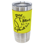 Softball-finish 20 oz. sports tumbler, neon yellow with stitching, stainless steel rim and clear slider lid, shown with a sample engraving