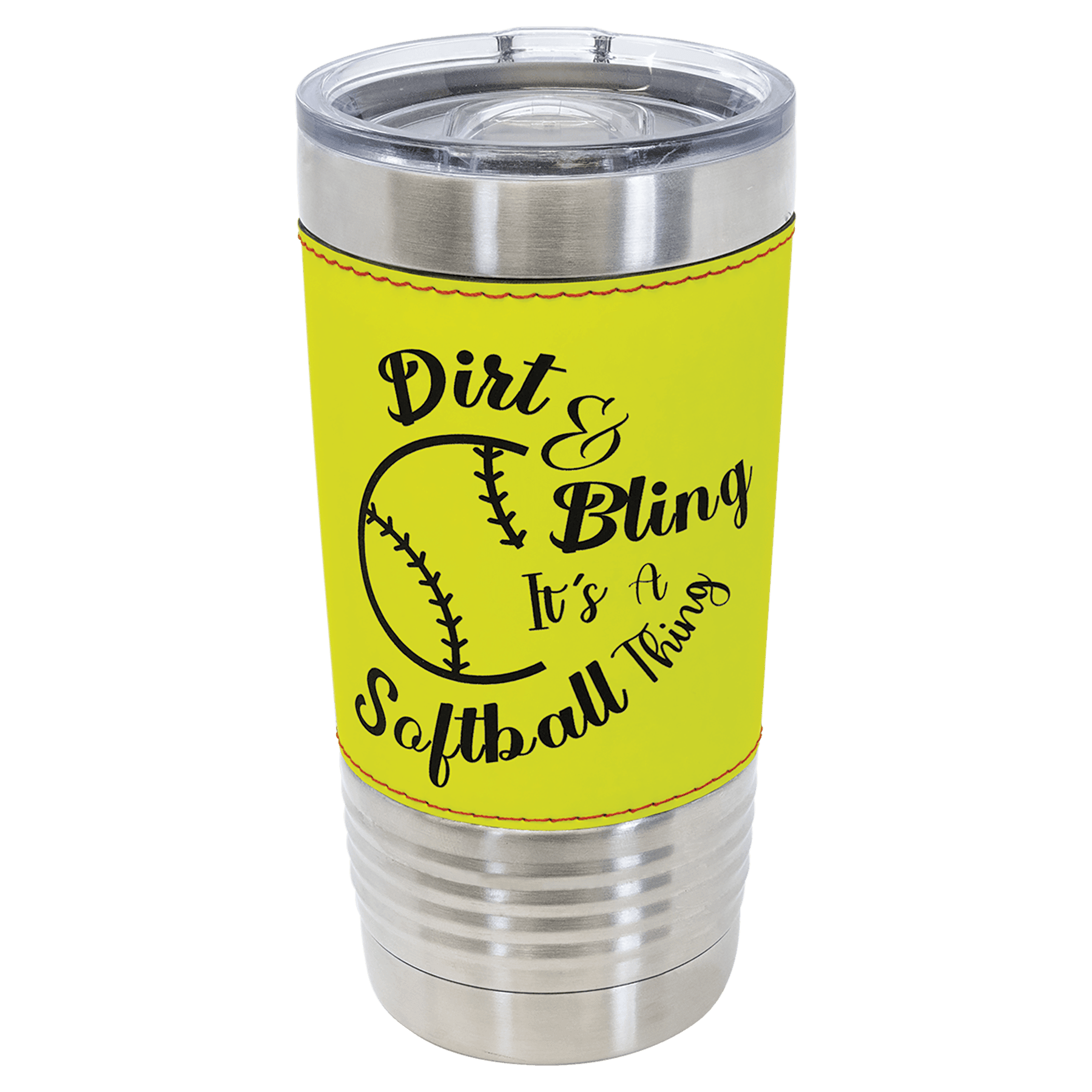 Softball-finish 20 oz. sports tumbler, neon yellow with stitching, stainless steel rim and clear slider lid, shown with a sample engraving