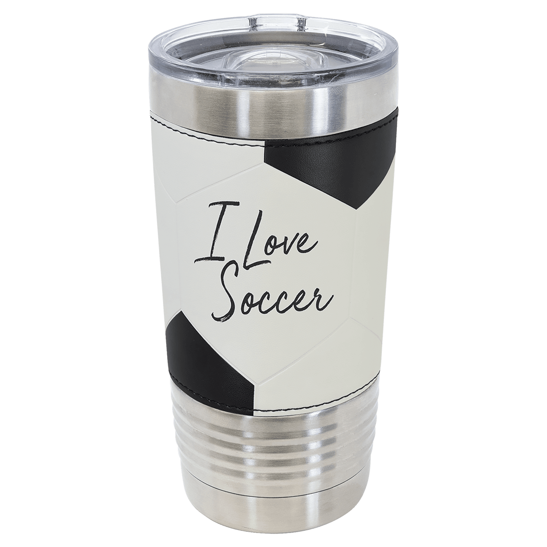 Soccer-ball-finish 20 oz. sports tumbler, white with black panels, stainless steel rim and clear slider lid, shown with a sample engraving