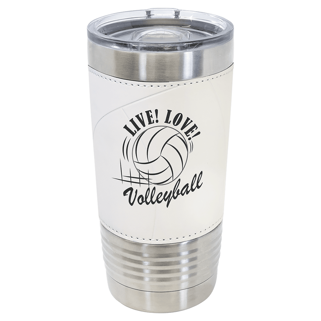 Volleyball-finish 20 oz. sports tumbler, white with curved seam lines, stainless steel rim and clear slider lid, shown with a sample engraving